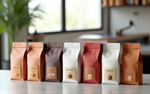 カフェのカウンターに並べられた様々な種類のコーヒー豆の袋